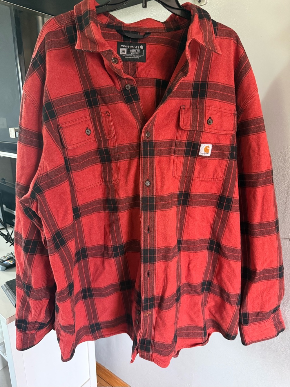 Carhartt Men's Plaid Flannel Button-Up Long Sleeve Red Black 3XL Tall